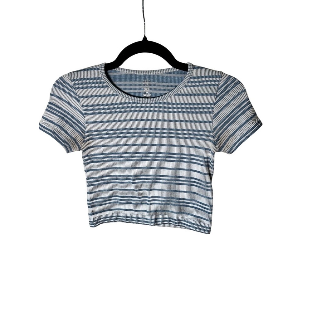 Aura Crop Top Blue White Striped Ribbed Short Sleeve Crew‎ Neck Size S/M